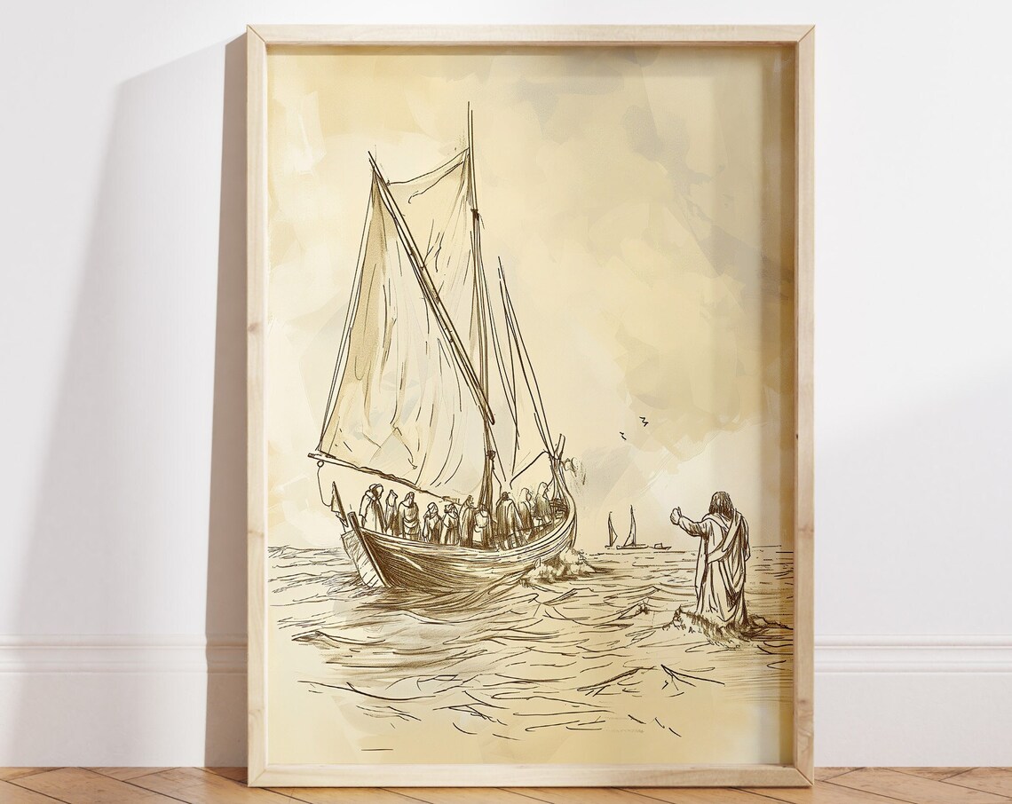 Jesus Walking on Water Sepia Ink Sketch Sailboat Disciples Poster