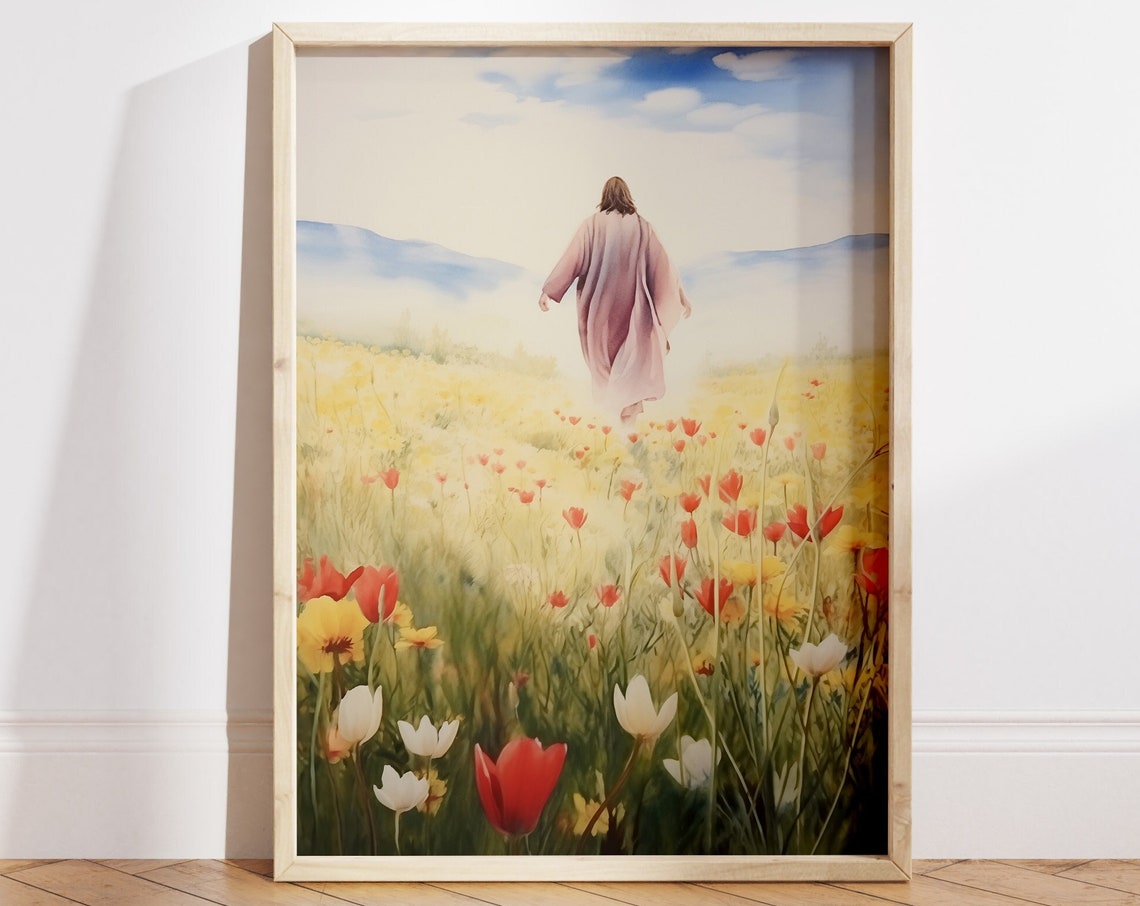Jesus Walking Through a Field of Tulips Spring Watercolor Poster