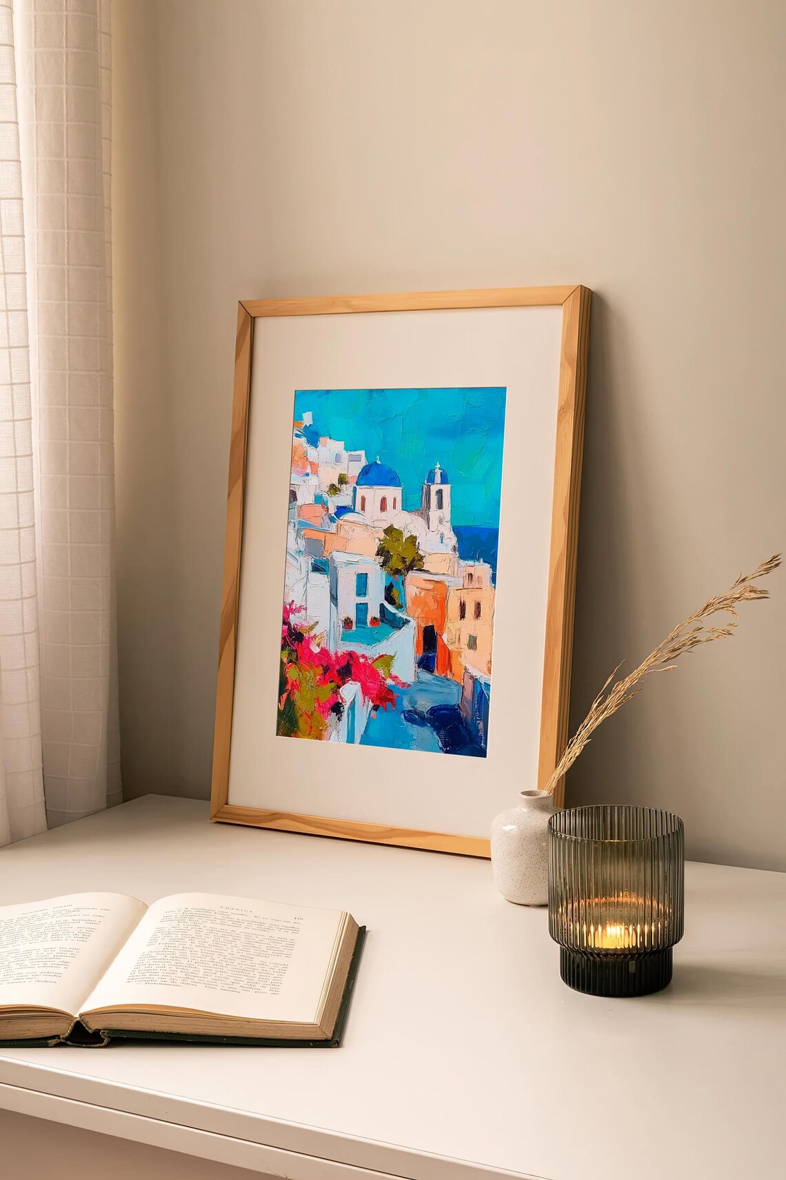 Stunning Santorini Blue Domes Greece Oil Painting Style Poster - Image 2