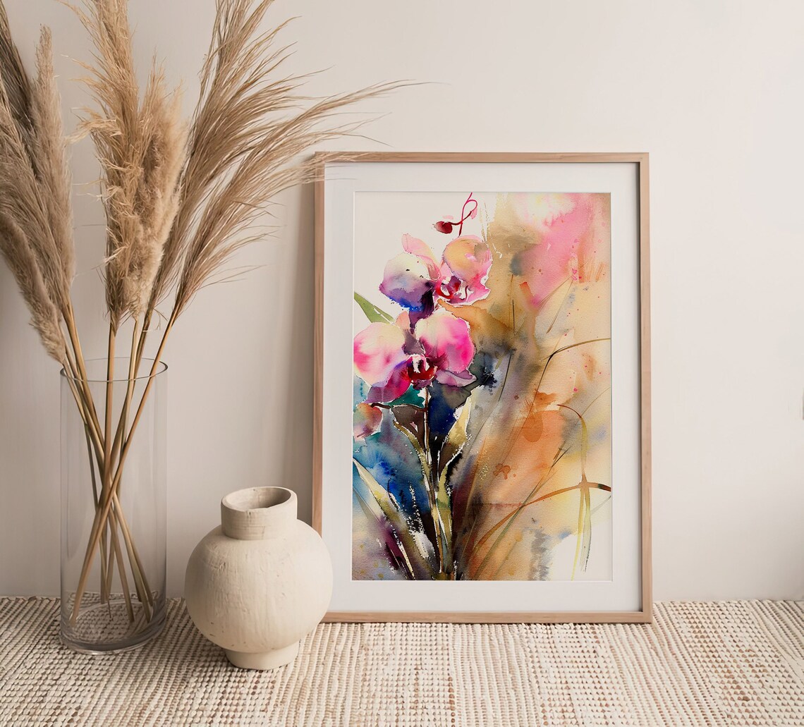 Pink Orchid Blossom Loose Japanese Style Floral Watercolor Art Poster - Image 3