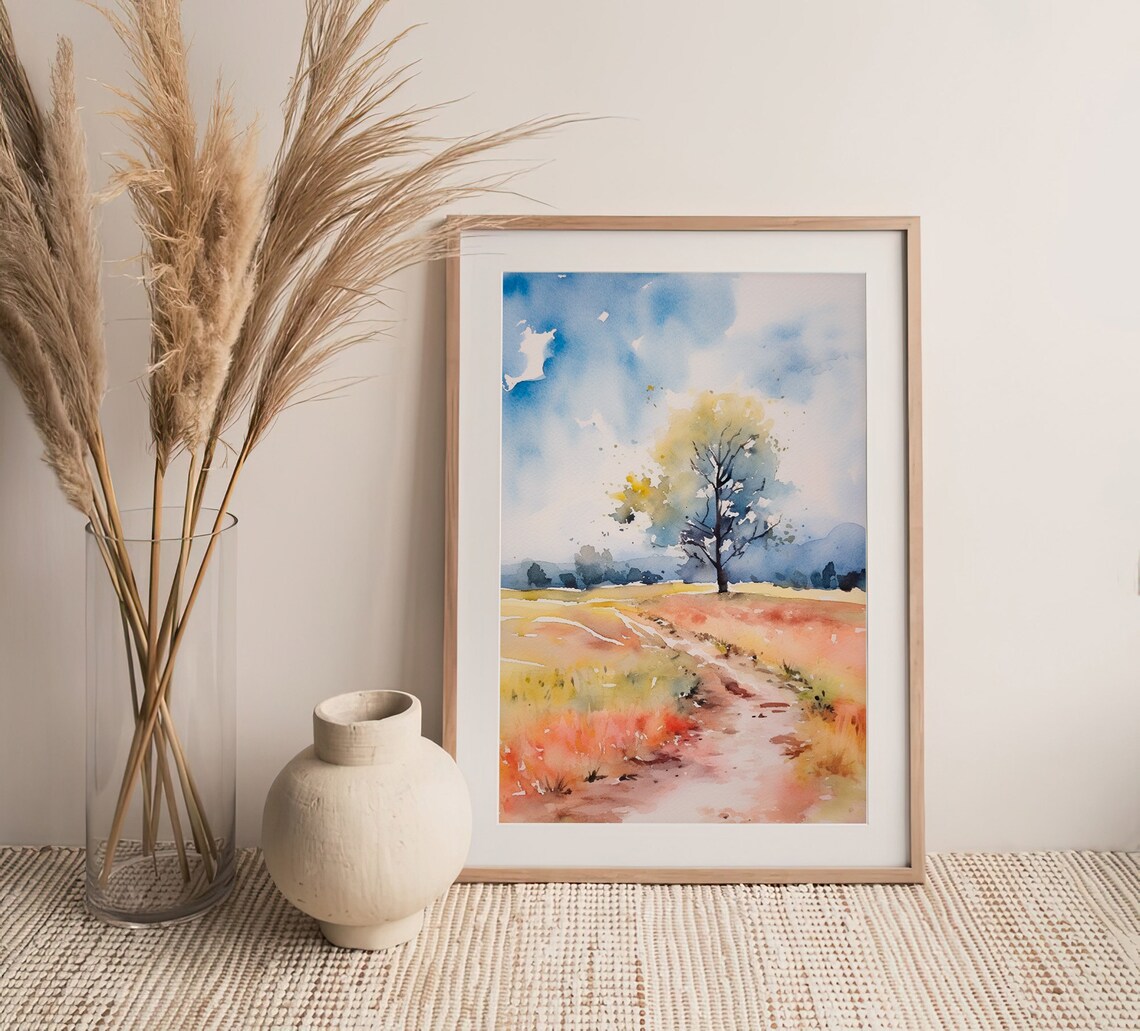 Oak Tree Watercolor Lone Tree Golden Prairie Autumn Field Poster - Image 5