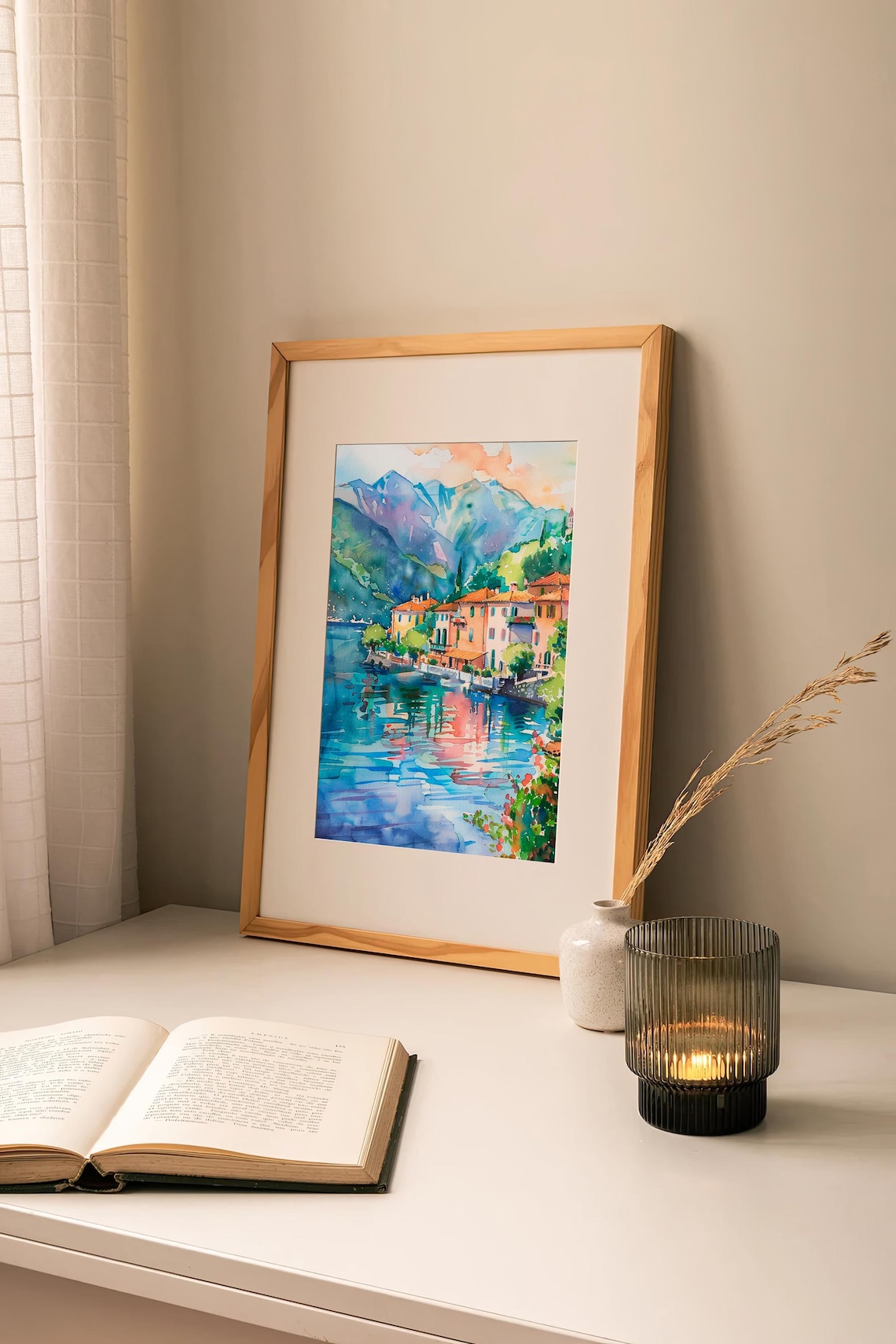 Stunning Lake Como Italy Lakeside Village Alpine Watercolor Poster - Image 2