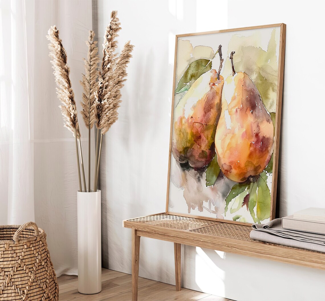 Ripe Pears Watercolor Rustic Kitchen Fruit Still Life Art Print - Image 2