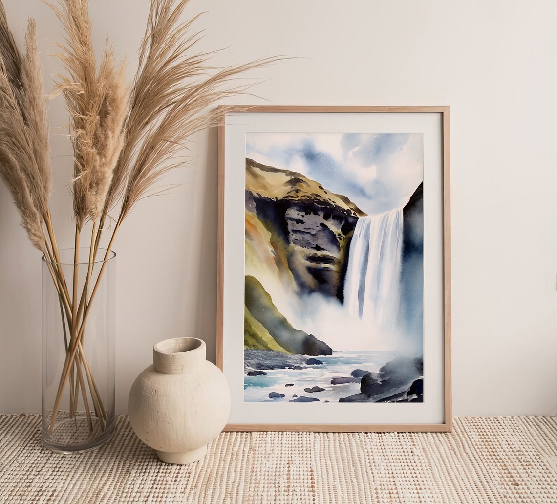 Skogafoss Waterfall Iceland Mist Cascade Watercolor Travel Poster - Image 4