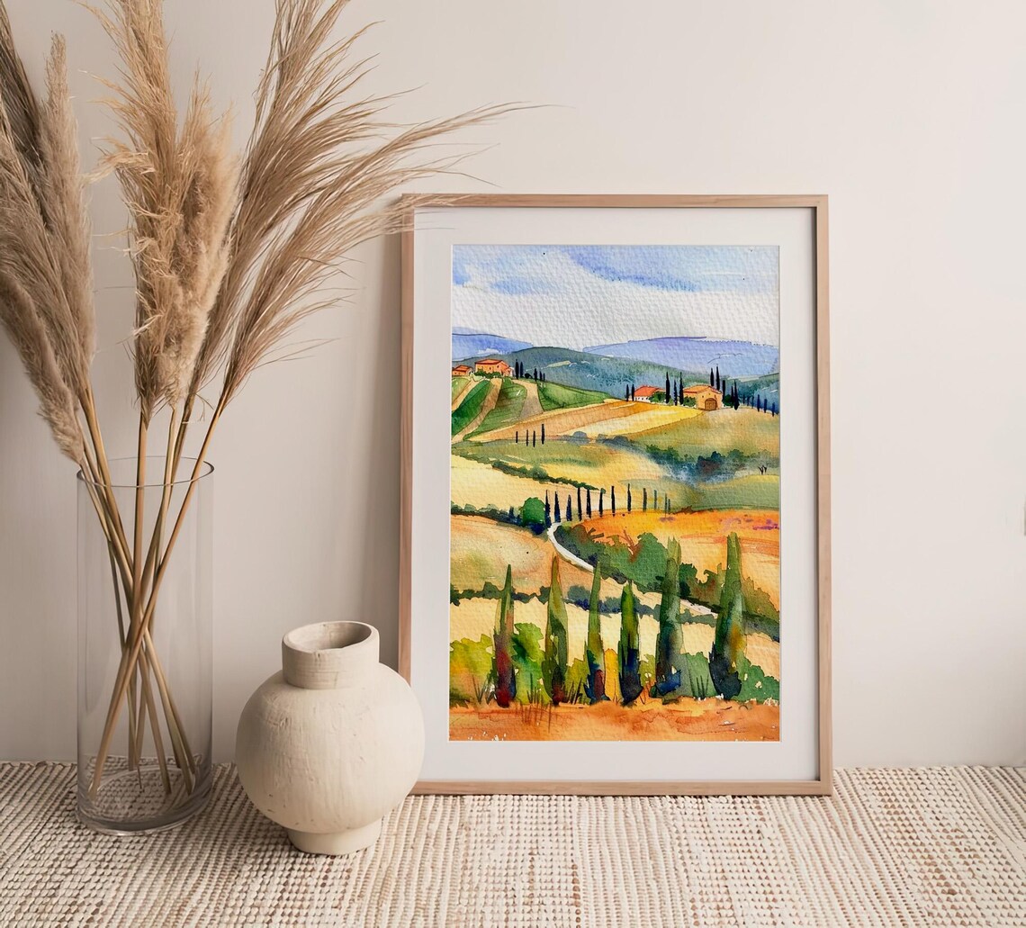 Tuscany Rolling Hills Cypress Trees Watercolor Italy Scene Poster - Image 2