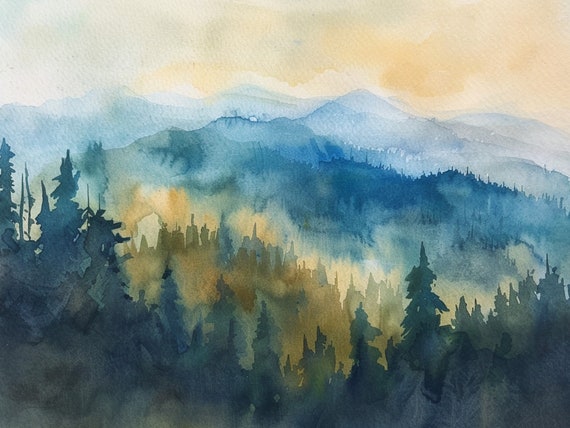 Blue Ridge Watercolor Painting North Carolina Mountains Art Print Misty Forest Wall Decor For Home Travel Gifts By Feelingprints