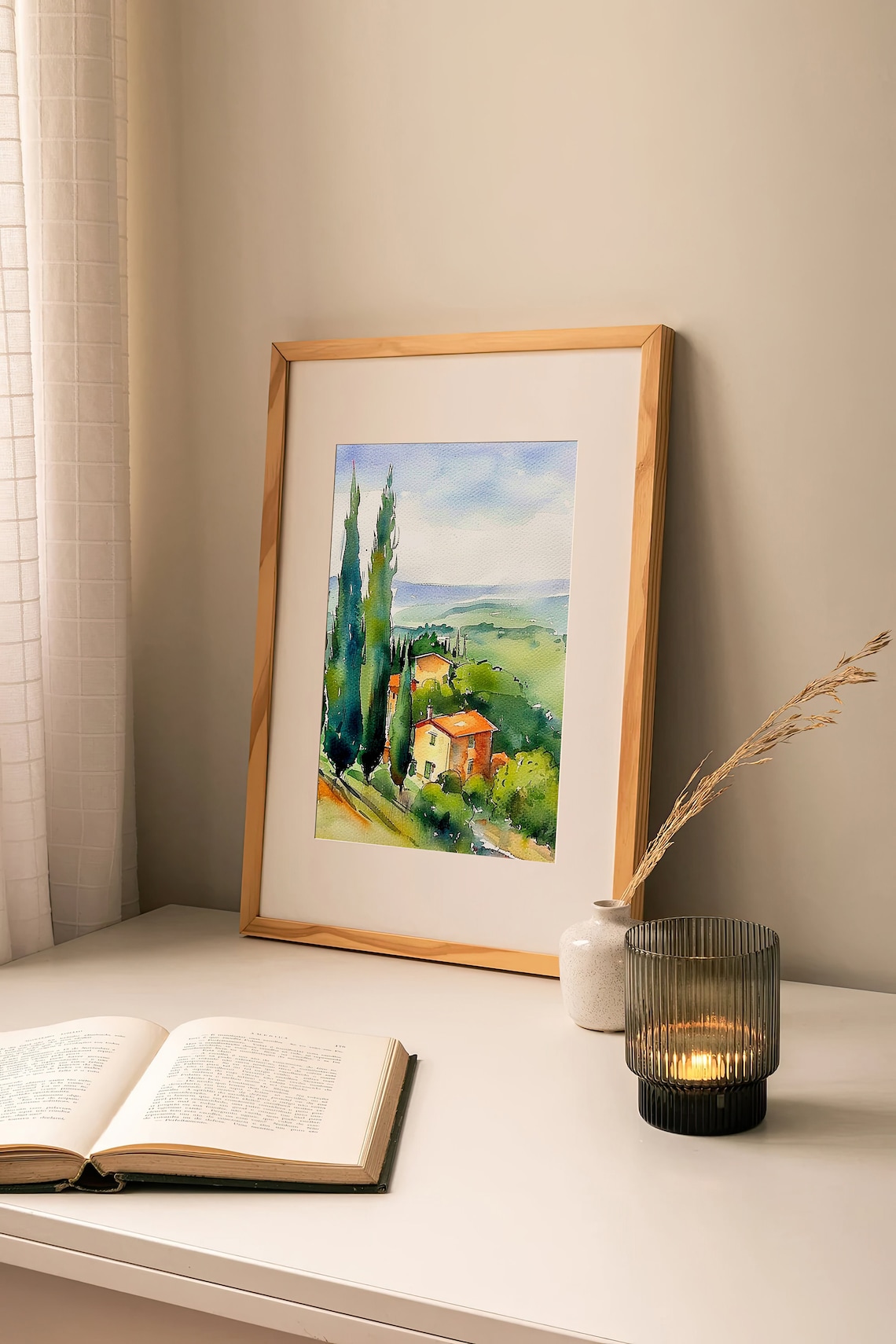 Tuscany Rustic Farmhouse Cypress Trees Rolling Hills Watercolor Poster - Image 5
