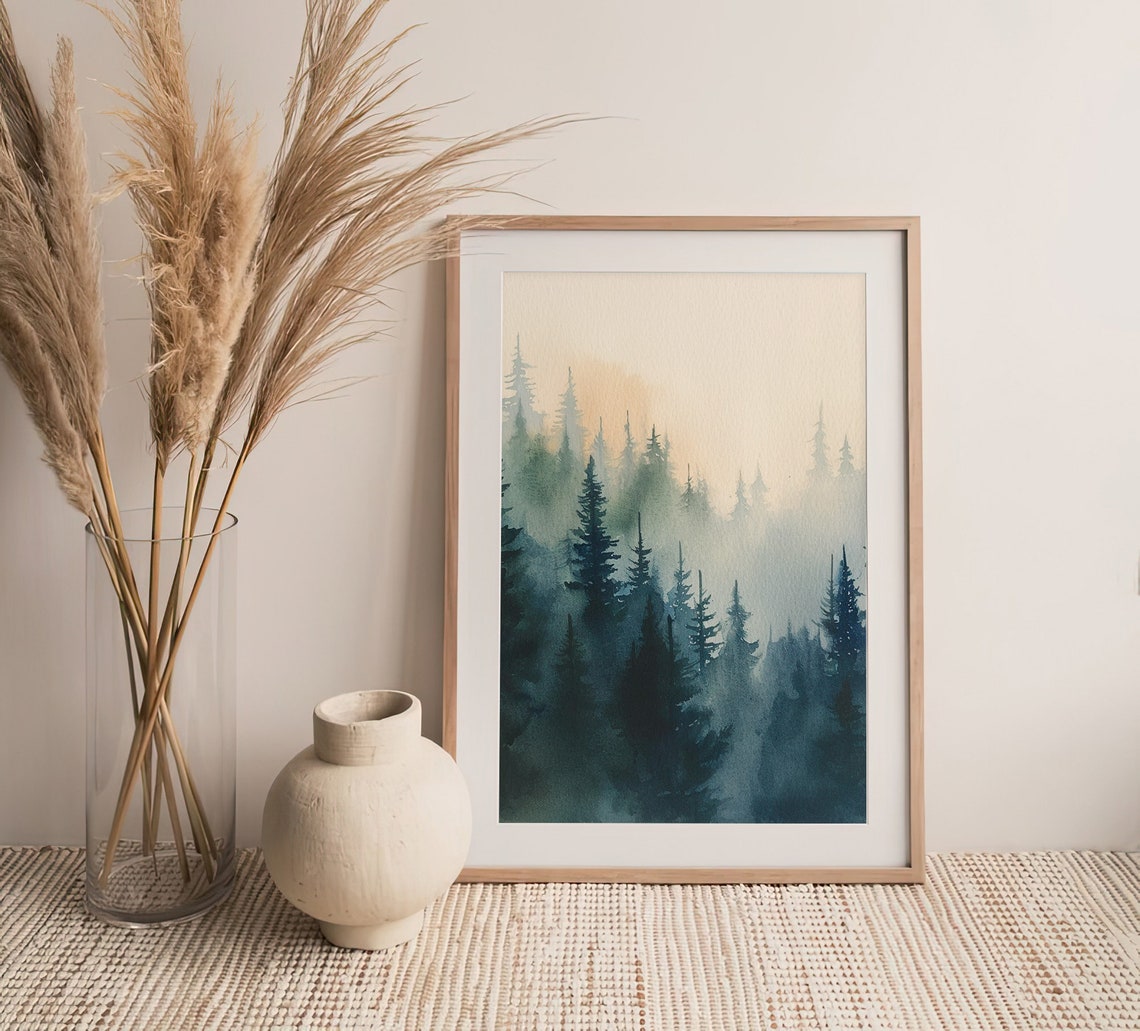North Cascades Watercolor Foggy Pine Forest Mountain Peaks Poster - Image 3