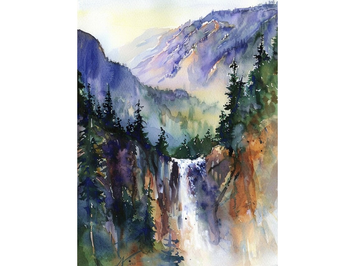 Yosemite Waterfalls Watercolor Art Print, Rustic
