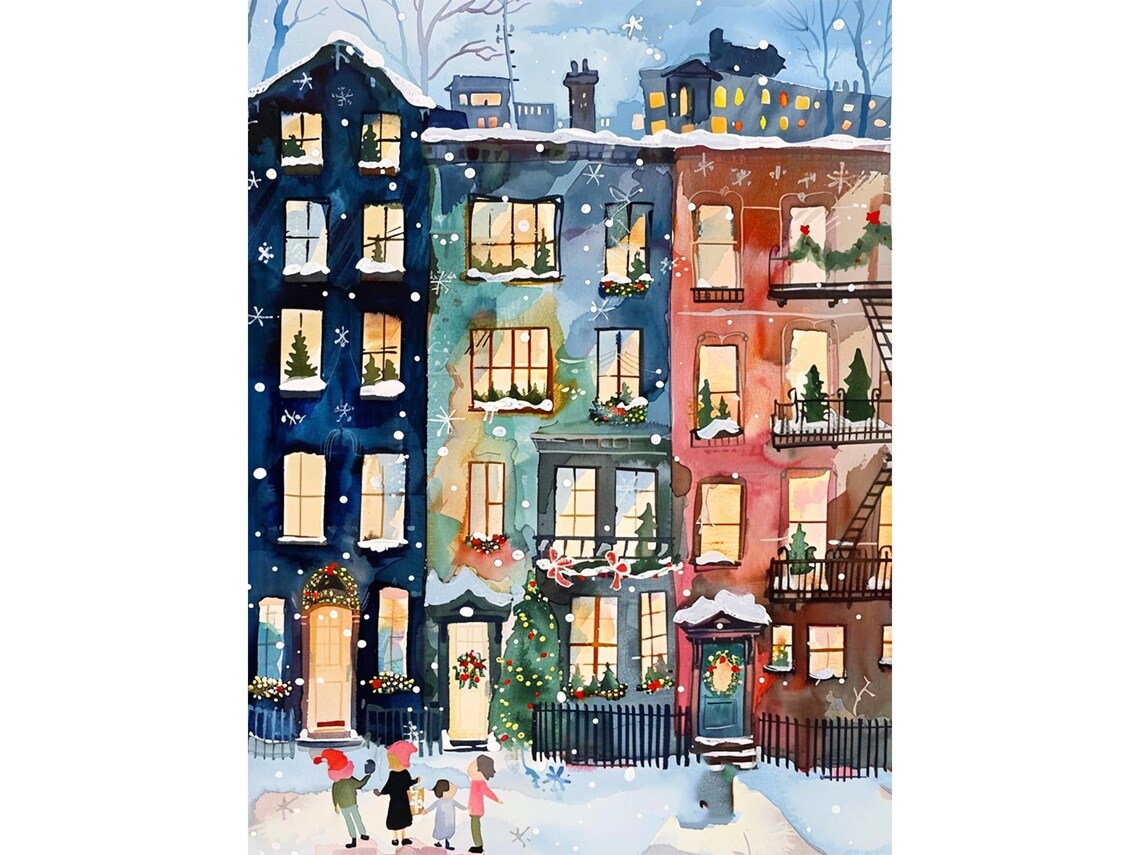 Christmas Brownstone Street Snowy Evening Watercolor Holiday Poster