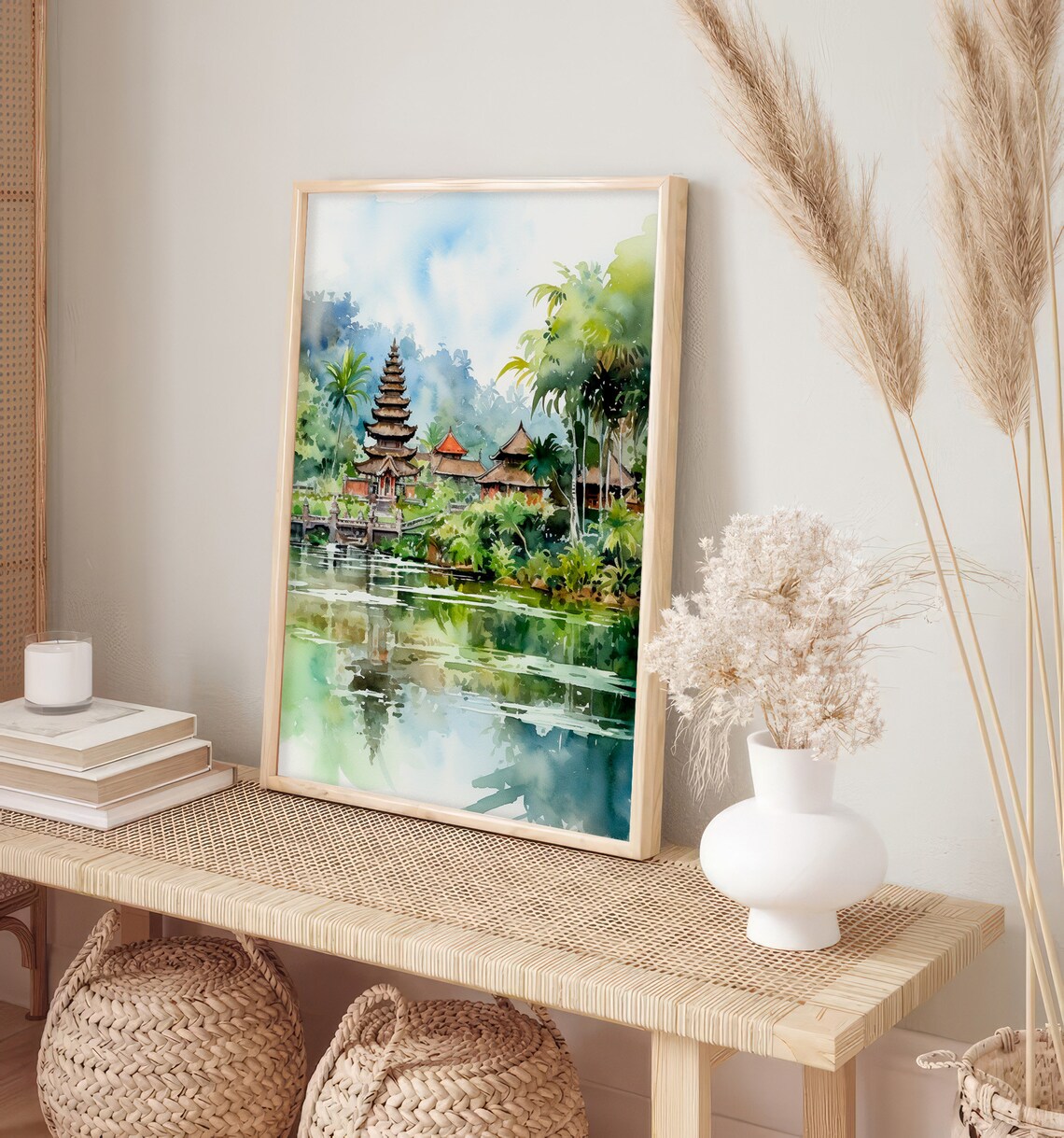 Bali Temple By The Water Tropical Palms Reflection Watercolor Poster - Image 2