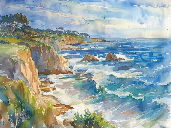 Big Sur California Coast Watercolor Ocean Cliffs Waves Seascape Print