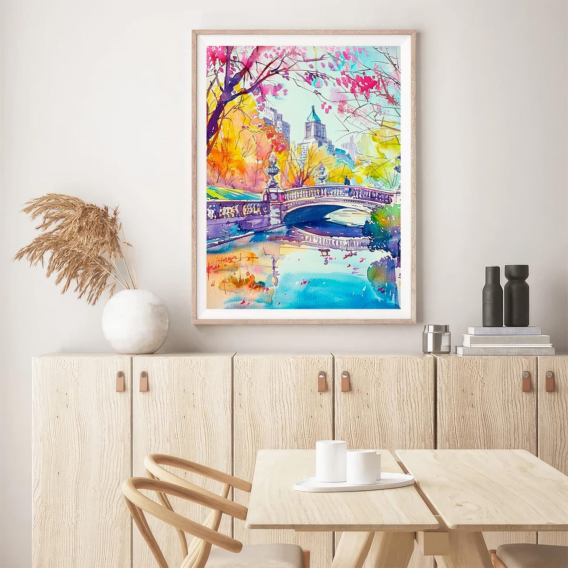 Bow Bridge Central Park Watercolor Spring Blossoms Colorful Art Print - Image 5