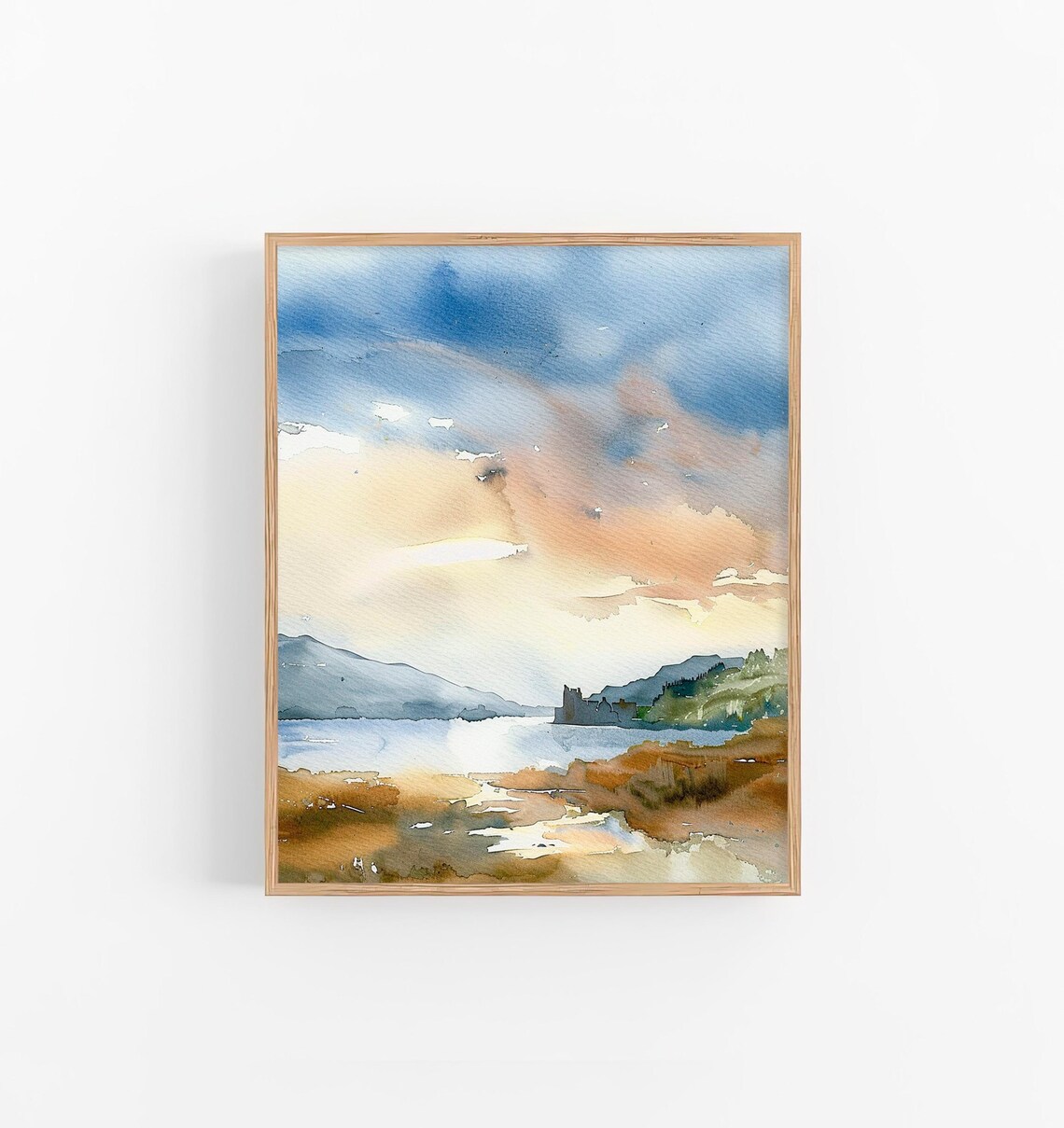 Stunning Ireland Loch Castle Ruin Sunset Serene Watercolor Poster