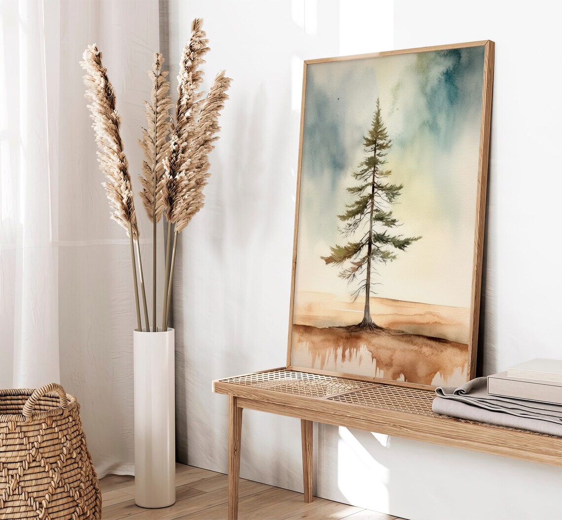 Stunning Lone Pine Tree Minimalist Sepia Sky Watercolor Poster - Image 4