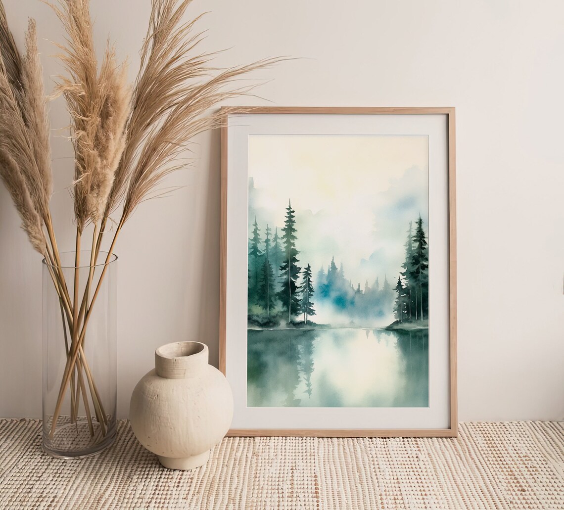 Crater Lake Misty Forest Lake Reflection Watercolor Oregon Poster - Image 4