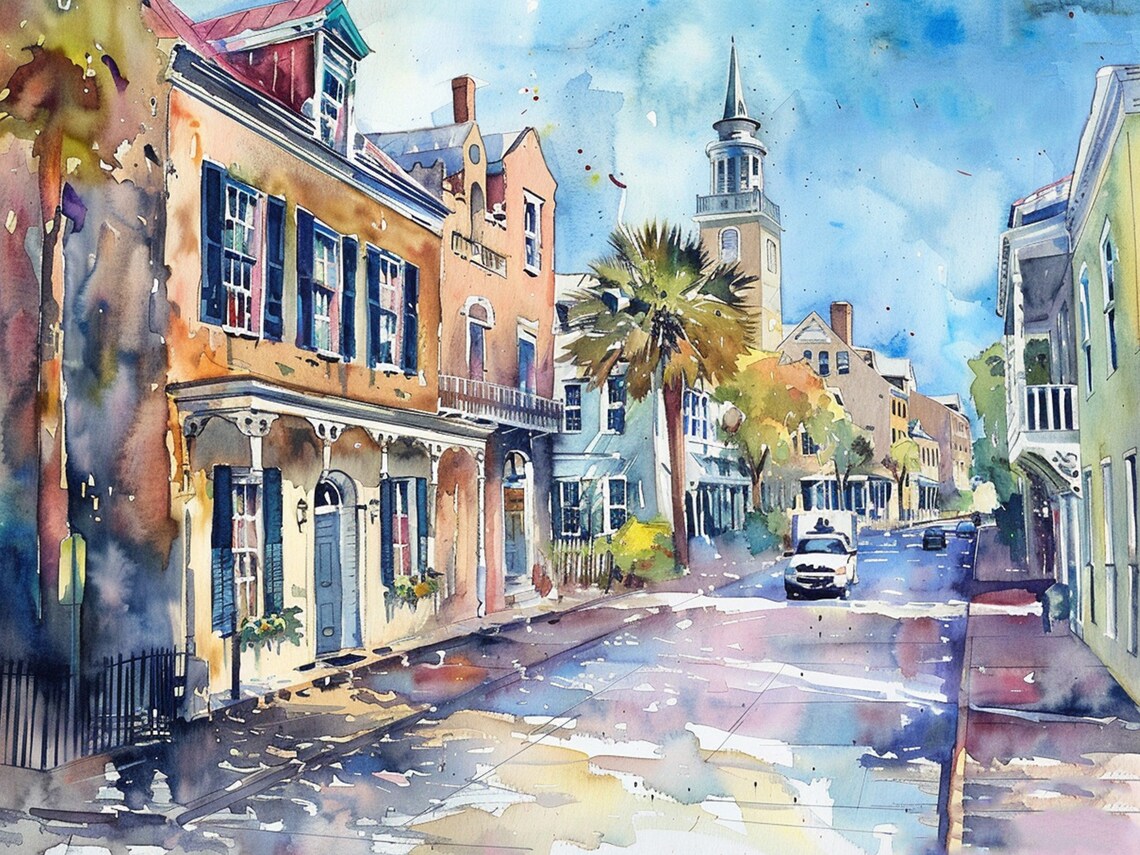 Charleston Watercolor Travel Poster, Rustic Decor