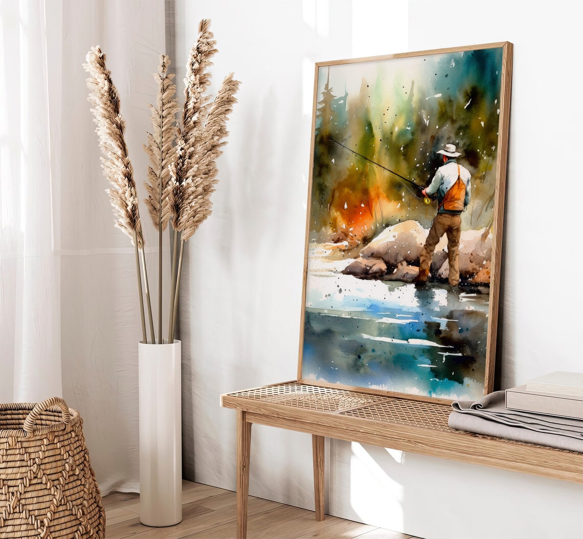 Fly Fisherman Watercolor Casting Rod on Mountain River Poster - Image 2