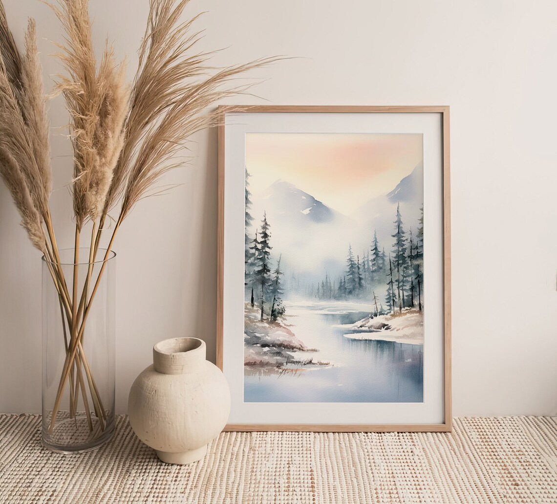 Alaska Winter Lake Misty Pines Snow Watercolor Landscape Poster - Image 5