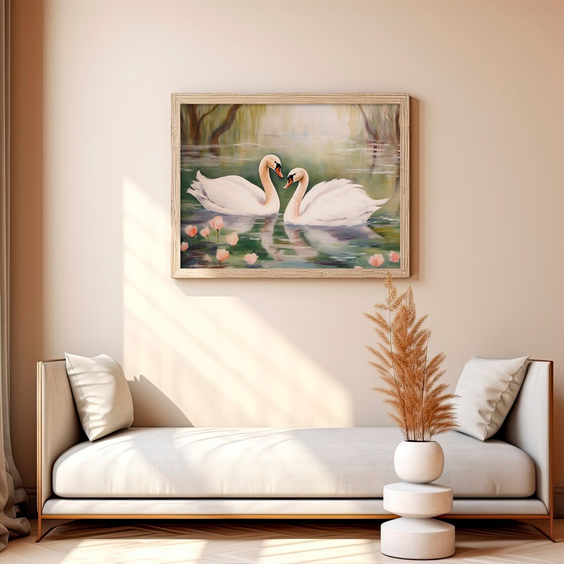 Two Swans Watercolor Romantic Couple White Birds Lake Scene Poster - Image 2