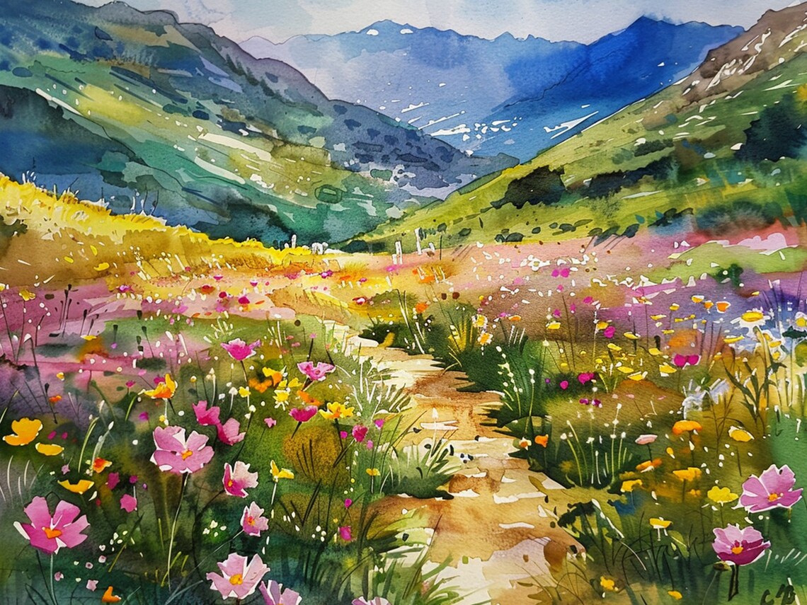 Spring Wildflowers Mountain Meadow Colorado Peaks Watercolor Floral Poster