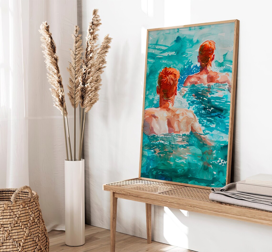 Two Red Haired Men Swimming Turquoise Sea Watercolor Summer Poster - Image 2
