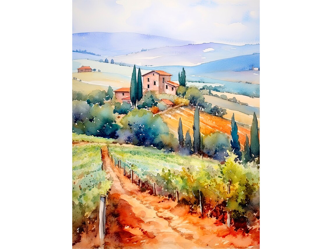 Tuscany Winery Watercolor Art Print, Italy Landscape
