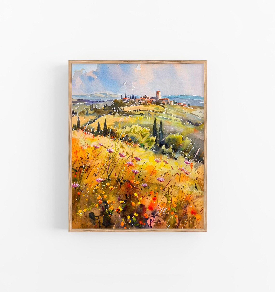 Tuscany Watercolor Italian Countryside Hilltop Village Cypress Poster