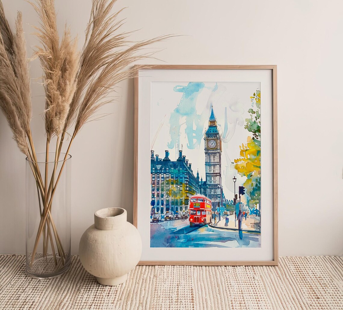 London Big Ben Watercolor Art Print, England Cityscape - Image 4