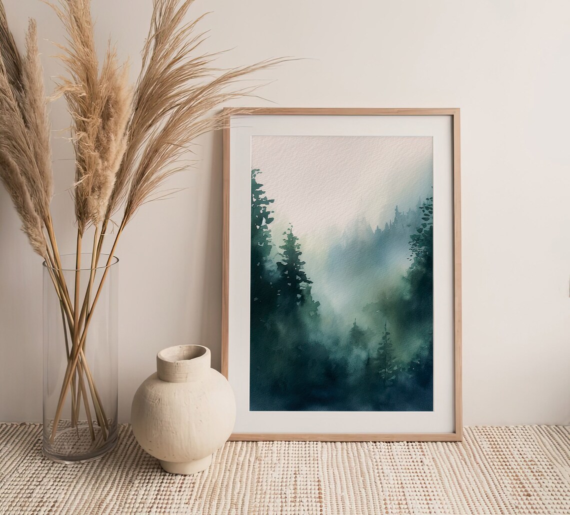 Stunning Teal Foggy Pine Forest Mountain Mist Watercolor Poster - Image 2