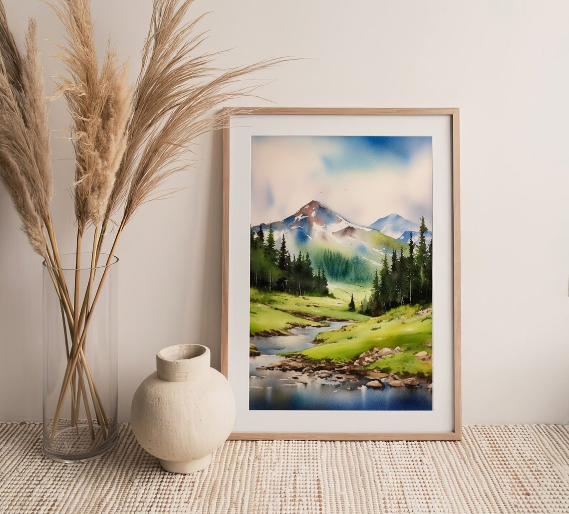 Maroon Bells Colorado Meadow Stream Watercolor Mountain Poster - Image 4