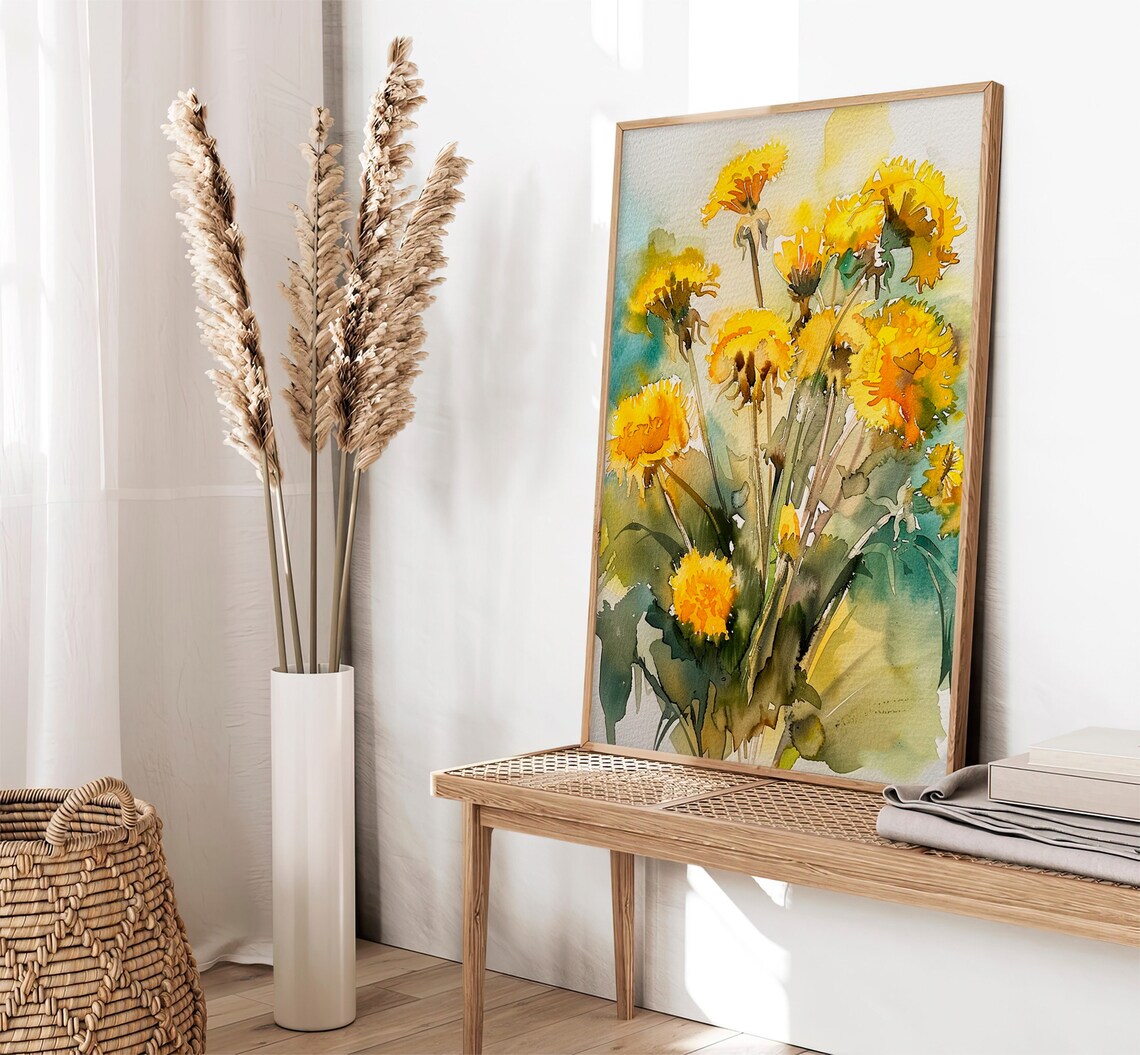 Yellow Dandelion Flowers Bouquet Loose Floral Watercolor Botanical Poster - Image 2