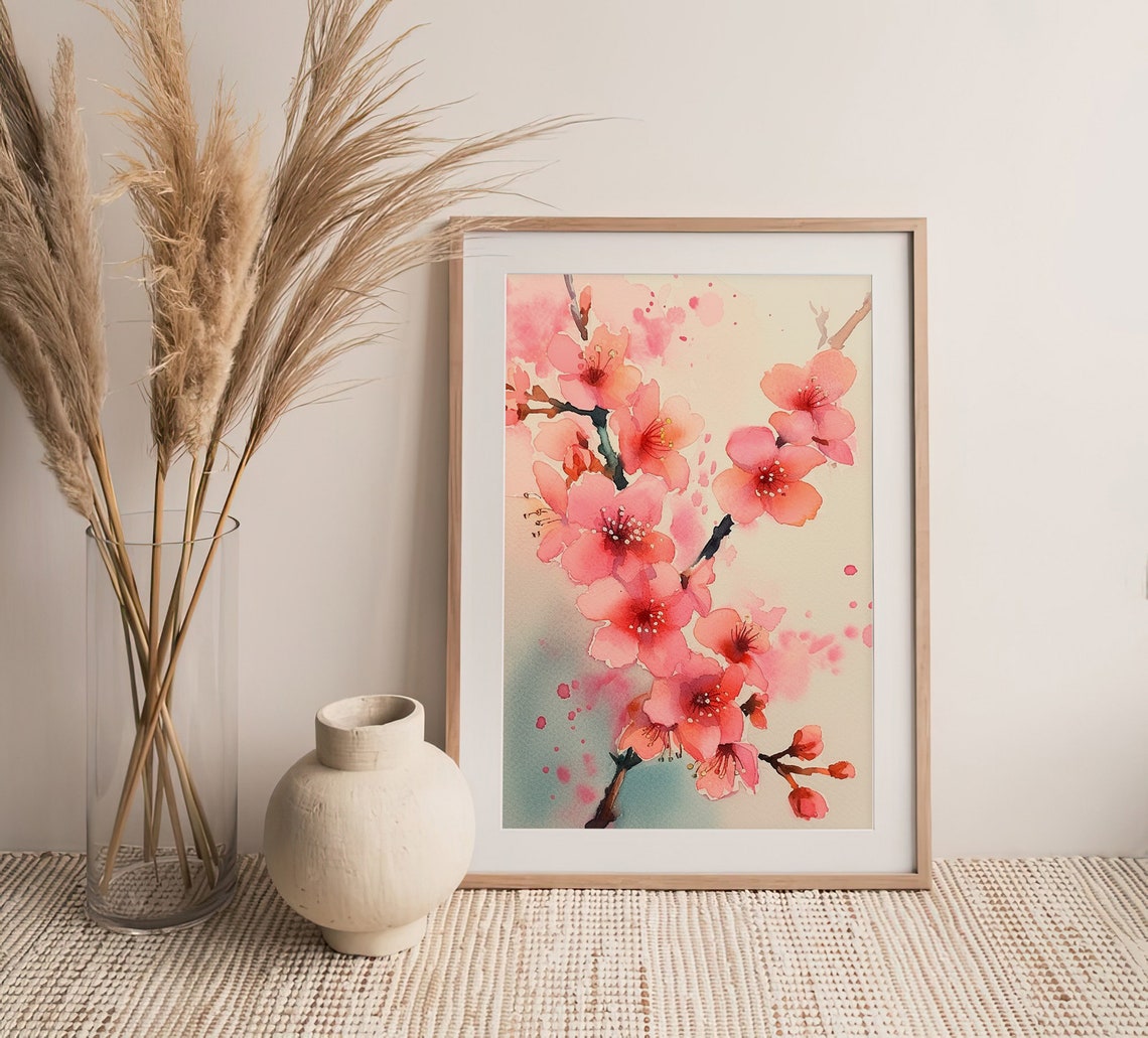 Cherry Blossom Branch Pink Sakura Watercolor Botanical Wall Art - Image 4