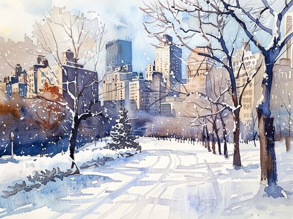 Central Park Winter Snow New York City Watercolor Snowy Art Print