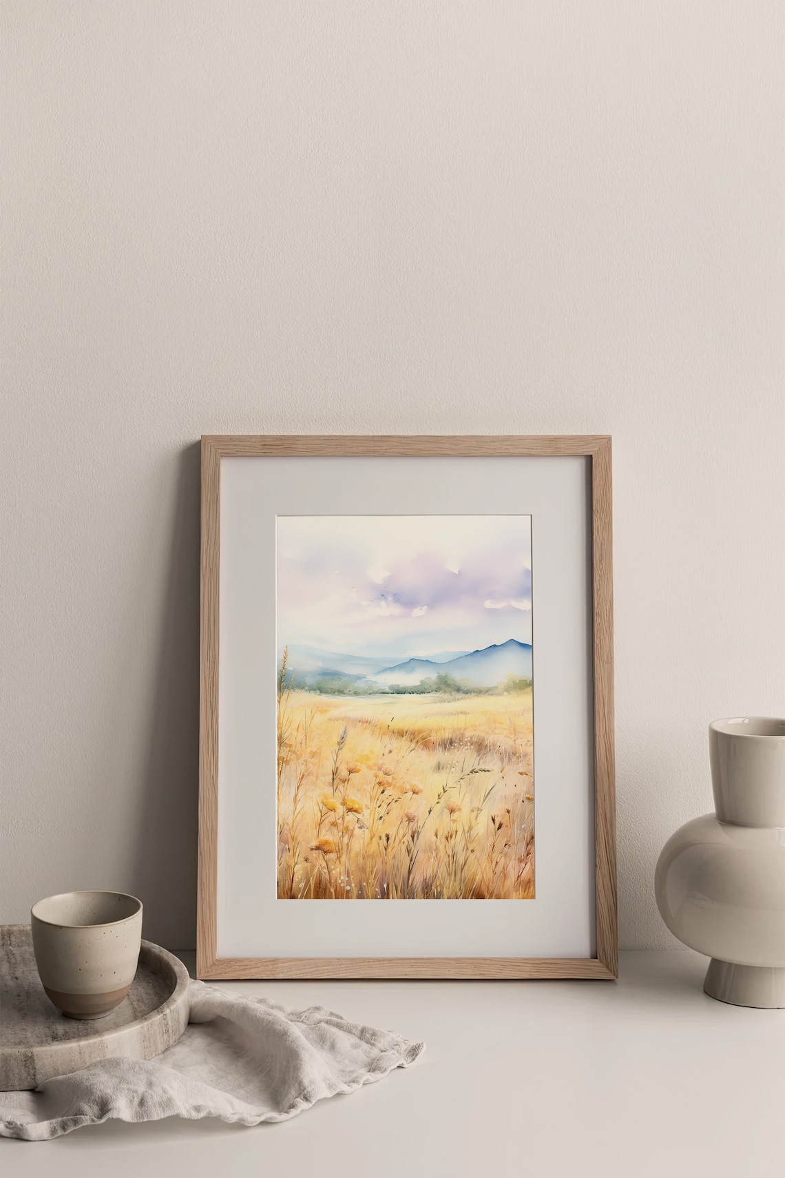 Golden Wheat Field Meadow Mountains Watercolor Poster Large Wall Decor - Image 4