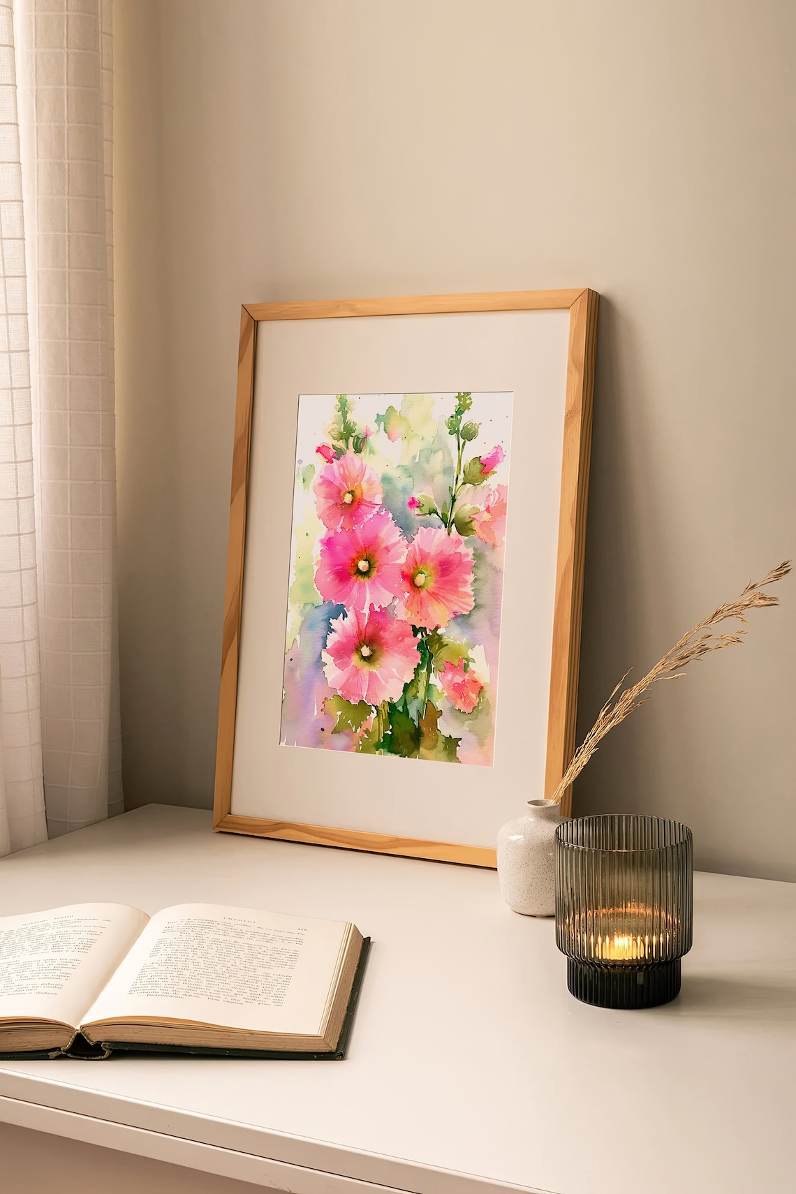 Hollyhock Flowers Watercolor Art Print, Botanical Decor - Image 2