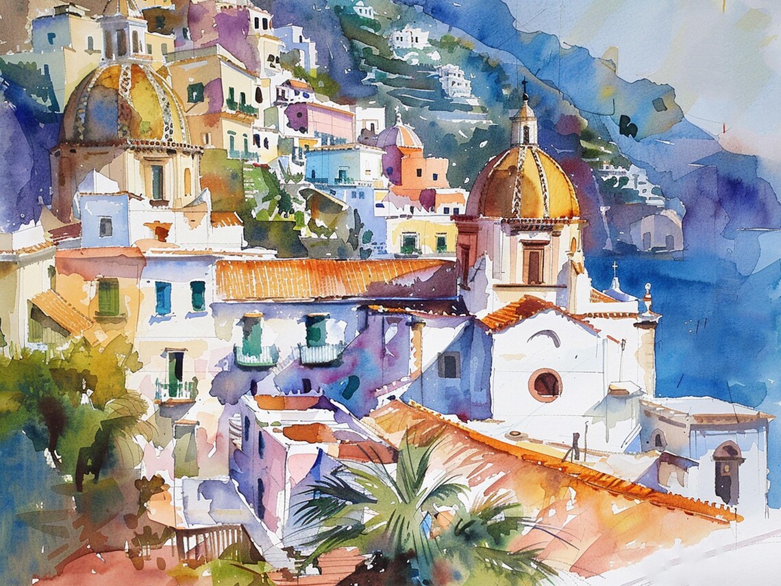Positano Amalfi Coast Art Print Italian Cityscape Watercolor Art Italy Seascape Wall Art Travel Art Print By Feelingprints