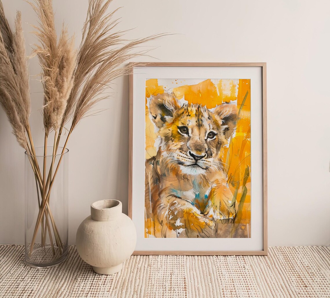 Lion Cub Watercolor Portrait Golden Safari Wildlife Nature Art Poster - Image 4
