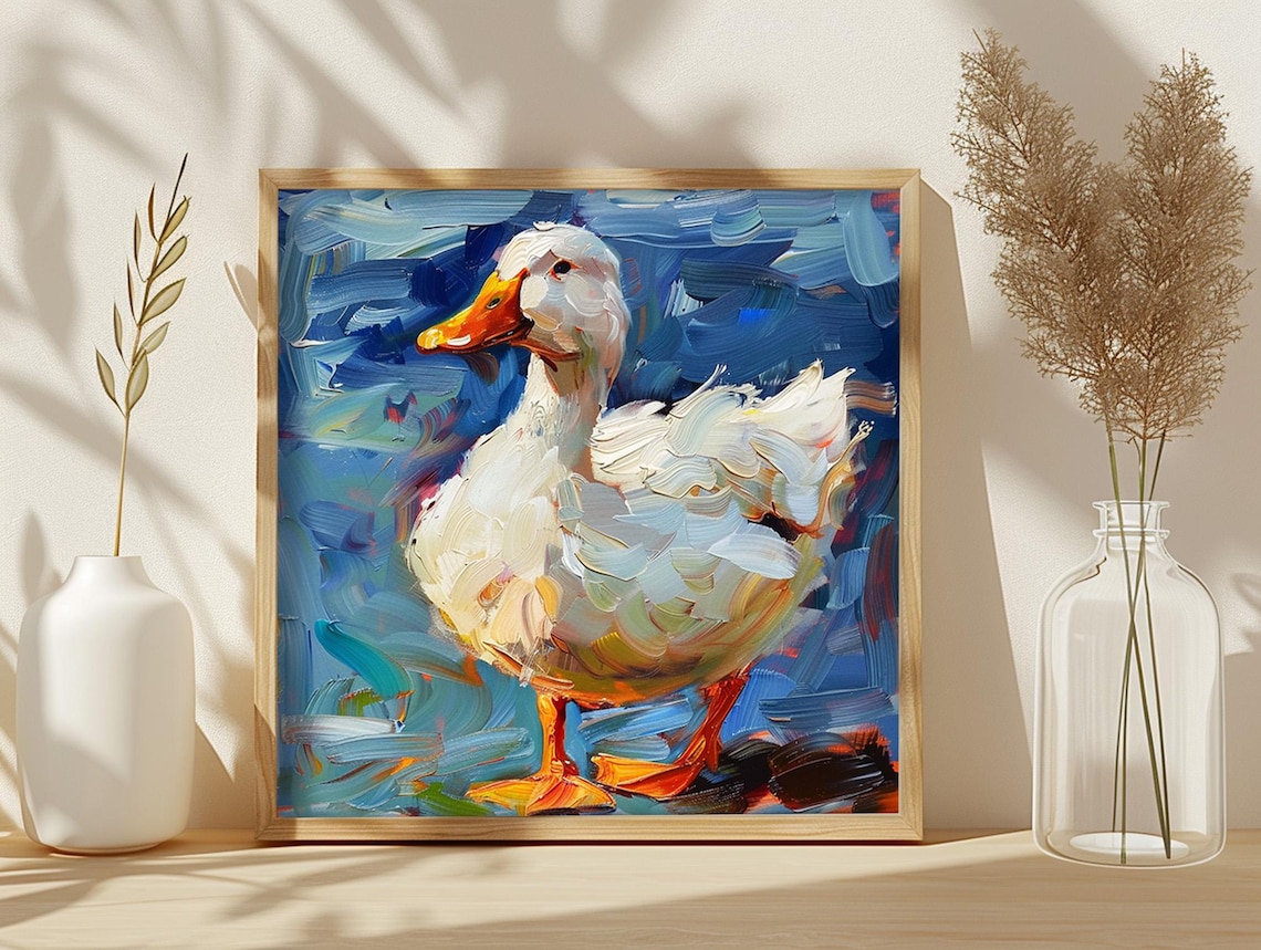 White Duck Oil Painting Impasto Bird Bright Blue Nature Art Poster - Image 4
