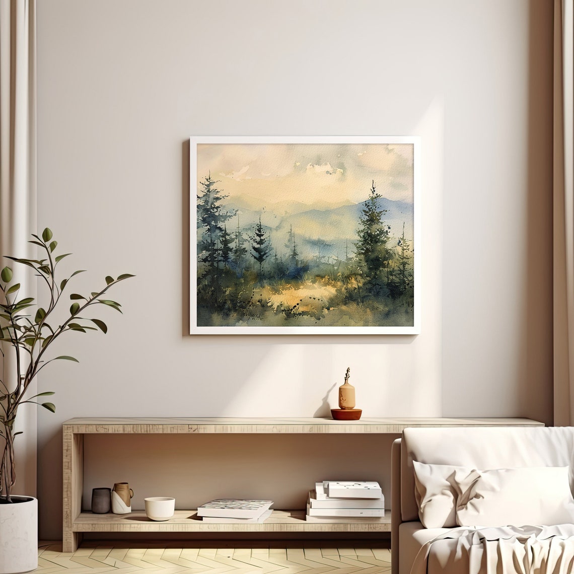 Smoky Mountains Watercolor Misty Pine Forest Blue Peaks Poster - Image 3