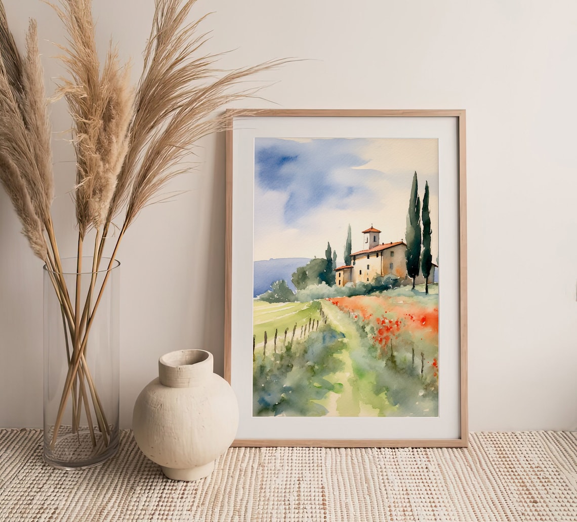 Tuscany Countryside Watercolor Art Print, Poppy Fields - Image 5
