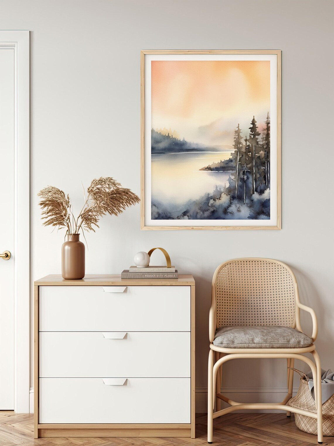 Lake Chelan Watercolor Misty Lake Sunset Evergreen Trees Poster - Image 5