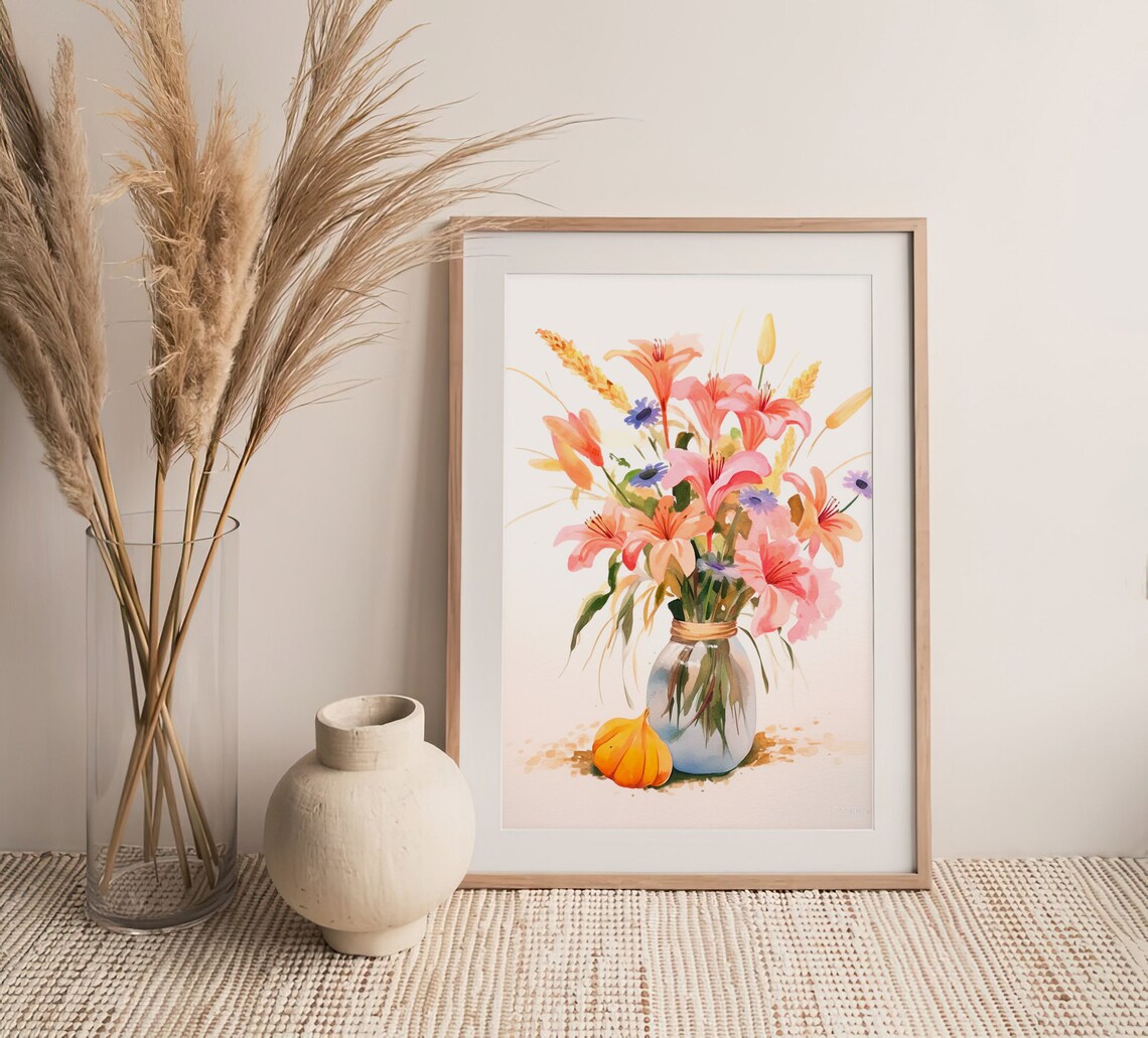 Pink Lilies Bouquet Glass Vase Autumn Watercolor Floral Still Life Poster - Image 4