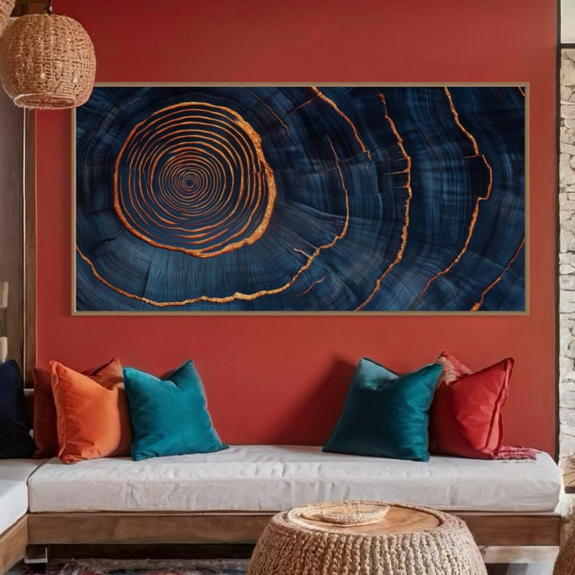 Tree Ring Art Abstract Nature Inspired Print With Blue And Orange Tones Modern Organic Wall Decor Perfect Above Couch For Rustic Style