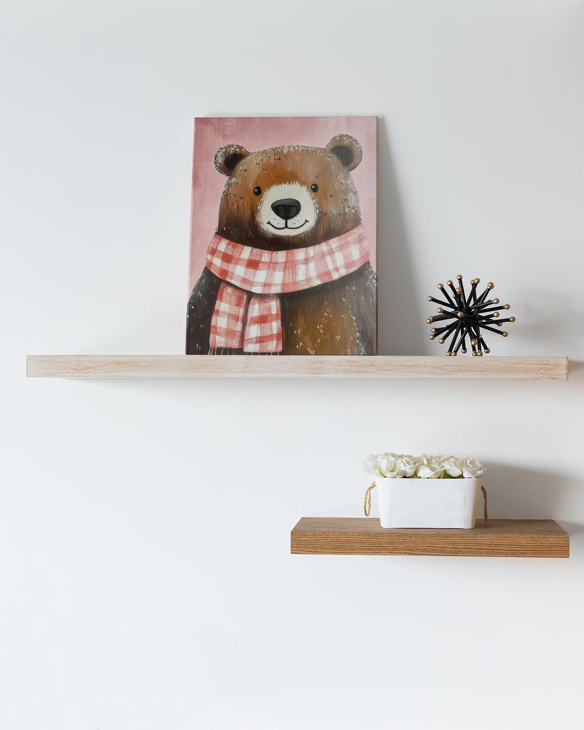 Fluffy Brown Bear With Pink Gingham Scarf Winter Nursery Poster - Image 2