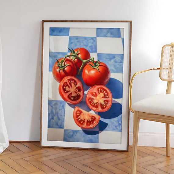 Fresh Tomatoes on Blue Checkered Tablecloth Kitchen Still Life Poster