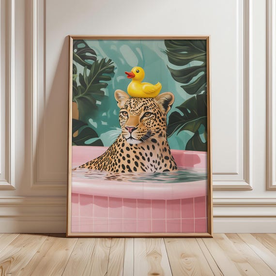 Leopard In Bathtub Print Pink Bathroom Prints Jungle Wall Art Rubber Duck Poster Animal Optional Frame