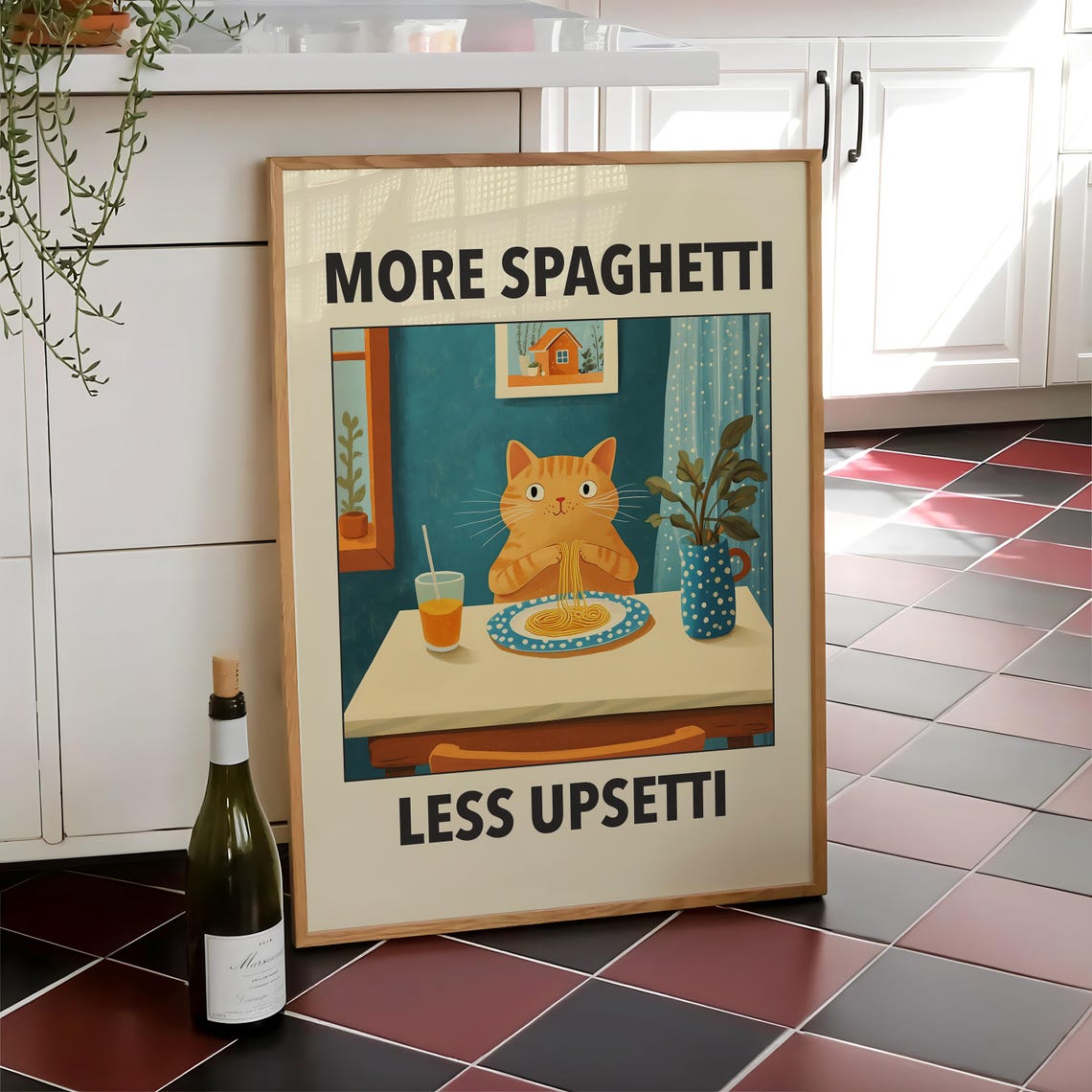 More Spaghetti Less Upsetti Cat Poster Italian Kitchen Print Pasta Retro Diner Funny Black Wall Art Digital File