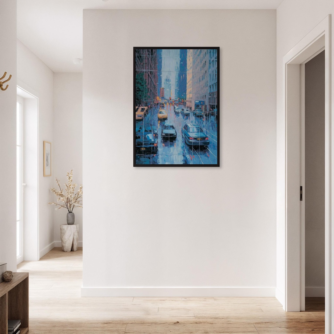 Rainy City Street Taxis Poster Blue Toned Urban Night Wall Decor