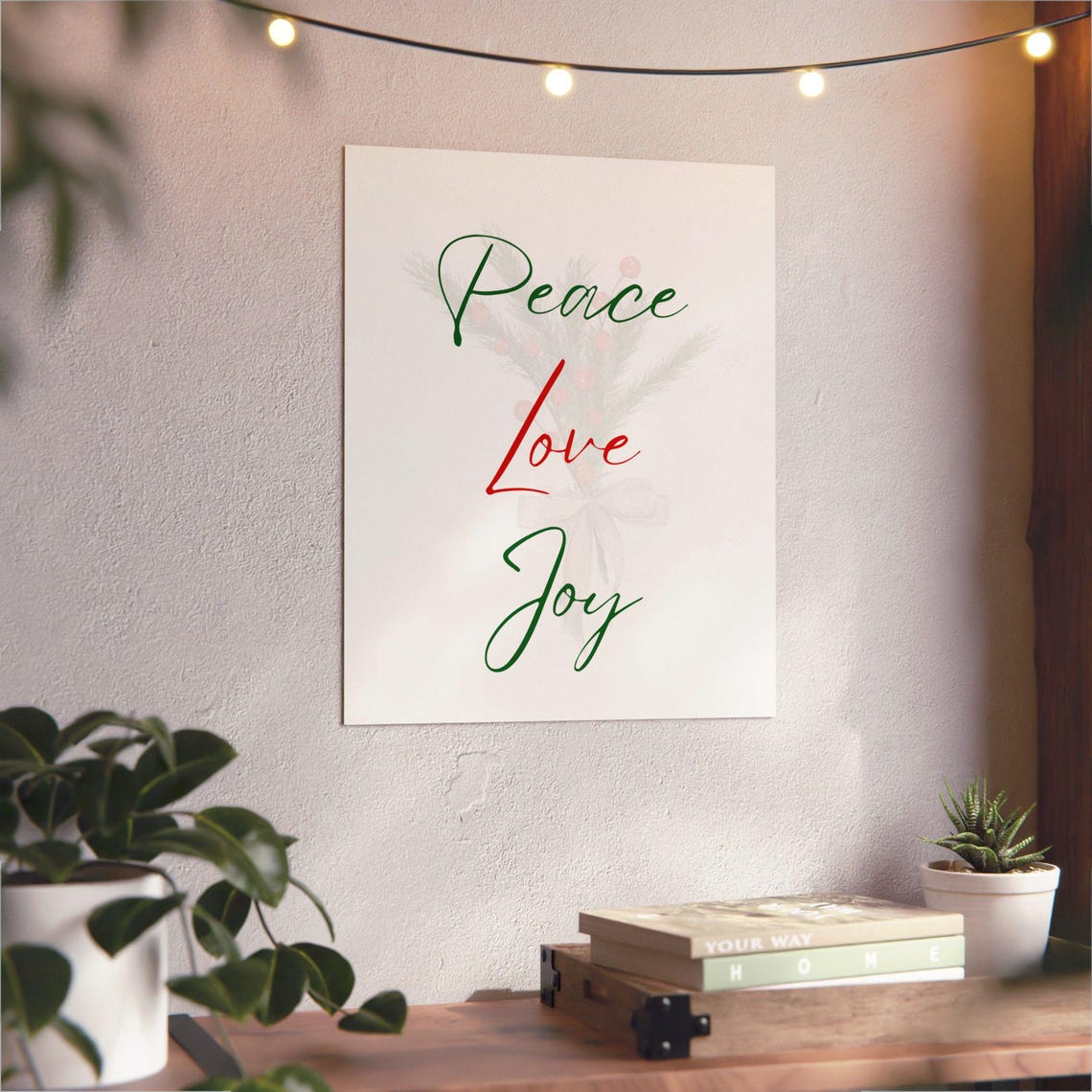 Peace Love Joy Green Red Script Minimalist Christmas Season Poster